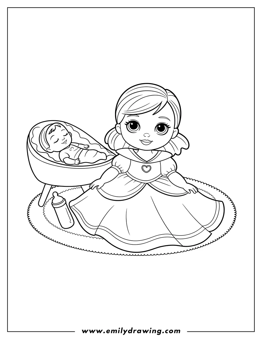 Outline of a girl in a princess dress, sitting near a bassinet with a sleeping baby inside, and a bottle on a rug.