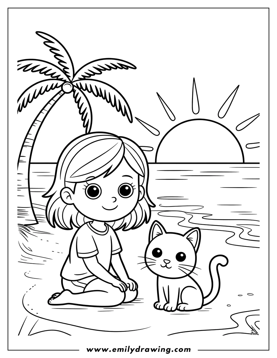 Line art of a girl and a cat sitting on a beach with a palm tree, and the sun setting over the ocean in the background.