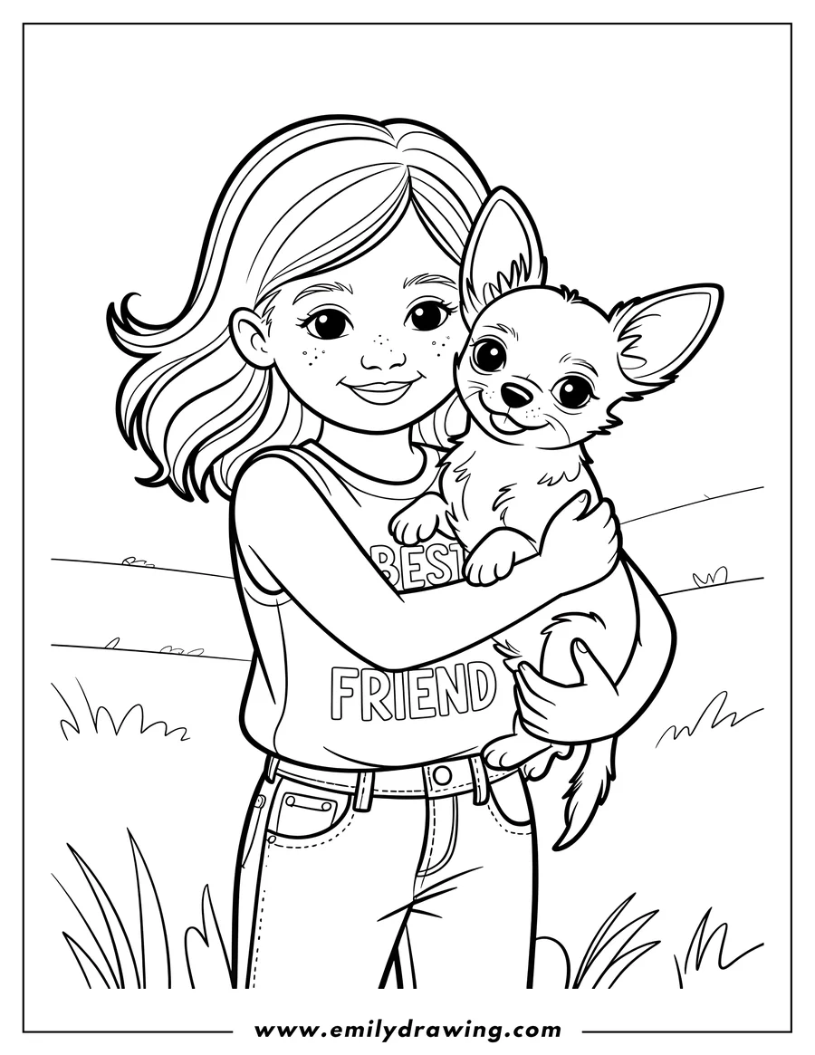 Line art of a girl holding a small chihuahua. The girl's shirt reads 'Best Friend'.