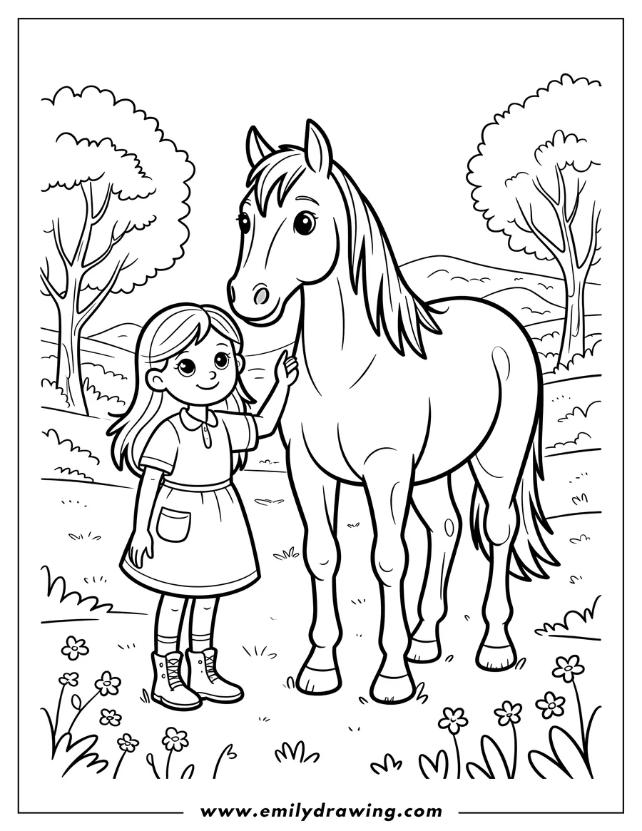 Outline of a young girl standing next to a horse in a meadow with flowers. The girl is gently petting the horse's neck.