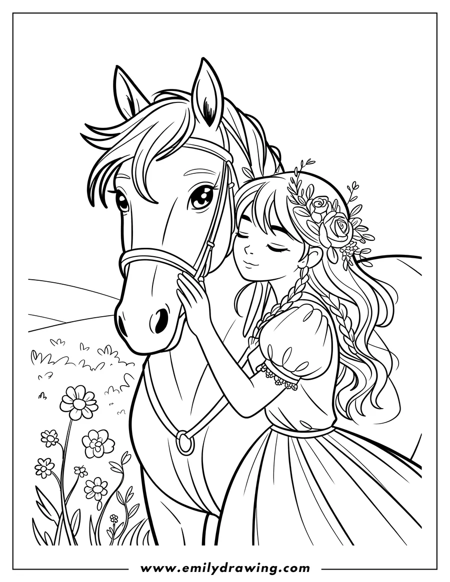 Line art of a young girl wearing a long dress and flower crown affectionately embracing the head of a horse, standing in a meadow with wildflowers.