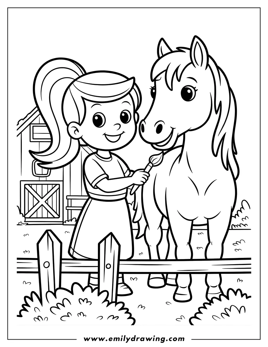 Outline illustration of a smiling girl with a ponytail standing next to a friendly horse. The girl holds a paintbrush near the horse's flank. A wooden fence and a large barn structure are visible in the background.
