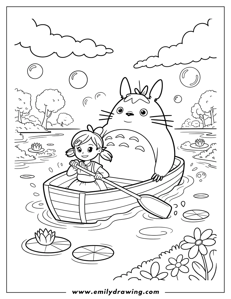 Line art of a girl and Totoro in a boat on a pond, surrounded by water lilies and flowers, with clouds in the sky