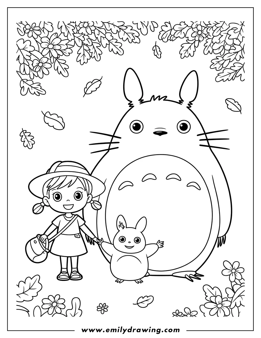 Line art of a cheerful girl in a hat holding hands with a small Totoro, with a large Totoro standing behind them, surrounded by falling leaves and flowers.