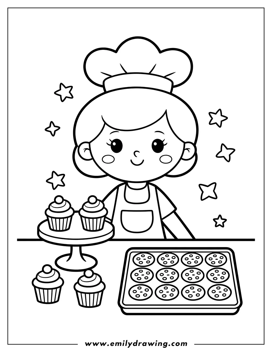 Outline of a cartoon girl wearing a chef hat and apron, standing behind a counter with a tray of cookies and several decorated cupcakes.
