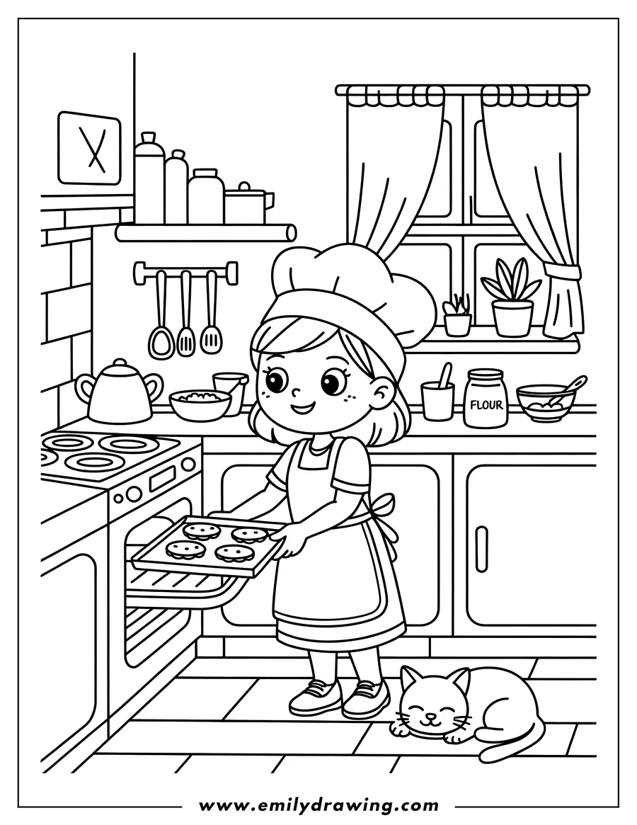 Outline of a young chef girl wearing an apron and hat, taking a tray of freshly baked cookies out of a kitchen oven. A relaxed cat is sleeping on the floor nearby.