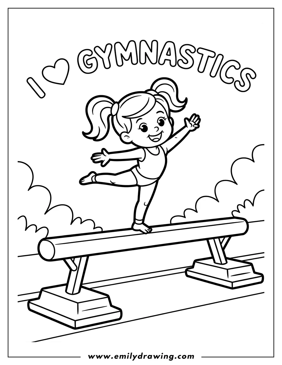 Outline of a girl balancing on a balance beam. She has pigtails and is smiling.