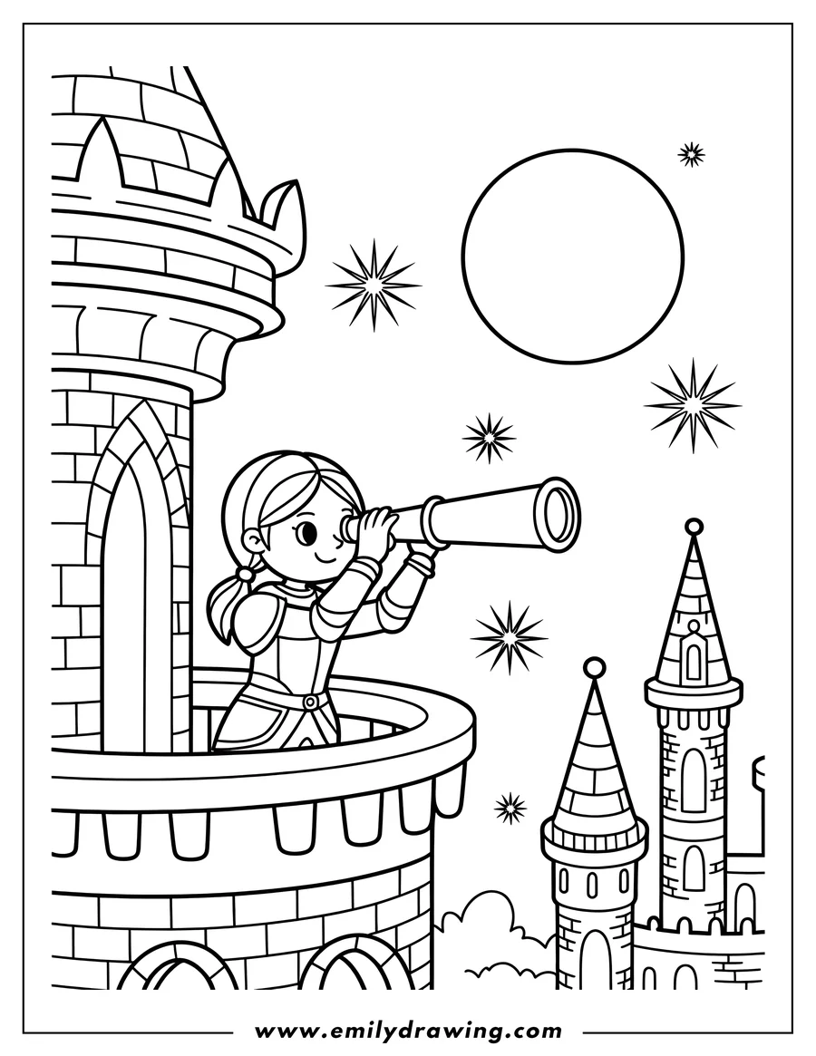 Line art of a cartoon girl wearing armor, looking through a telescope from a castle tower at the moon and stars.