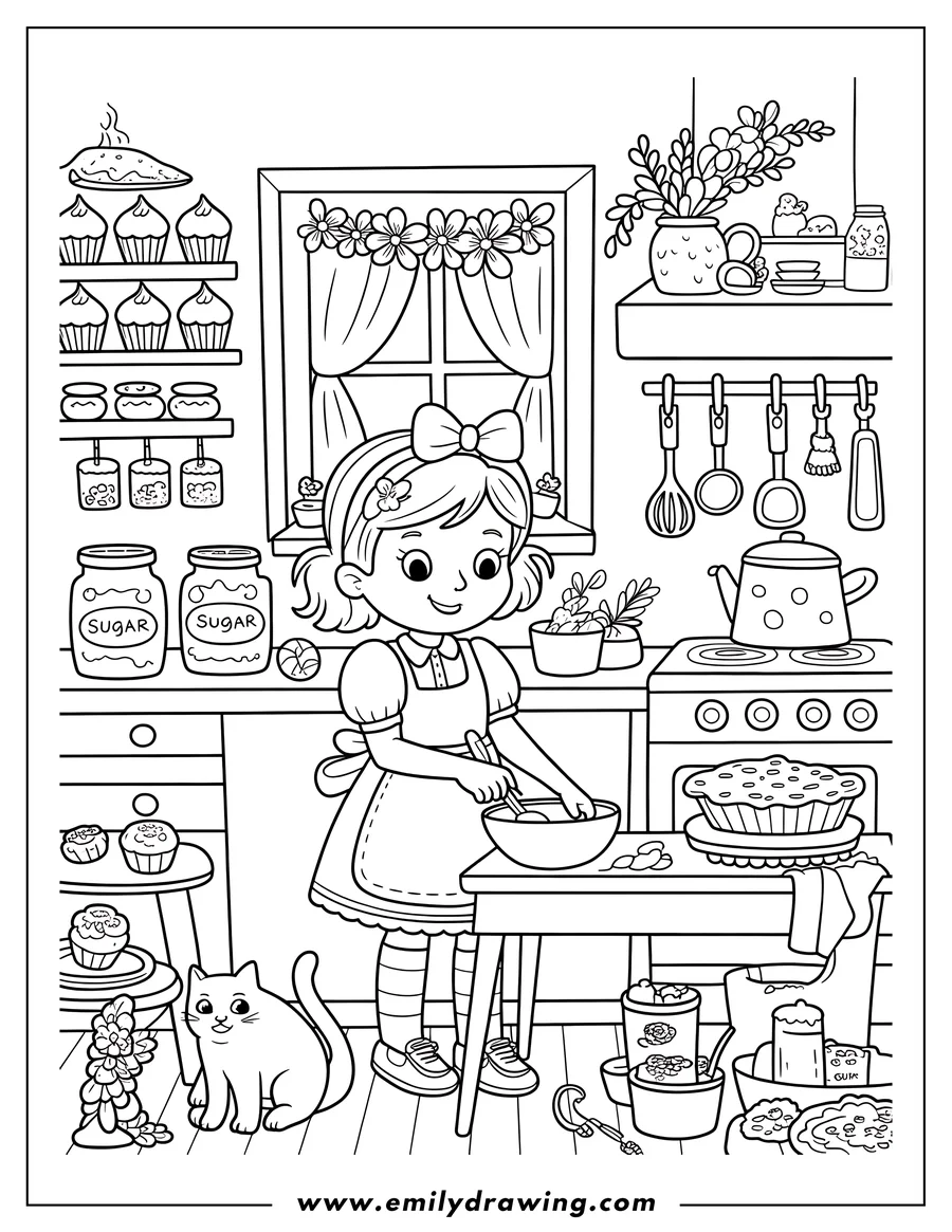 Line art of a girl wearing an apron mixing ingredients in a bowl in a busy kitchen, with a pet cat sitting on the floor nearby.