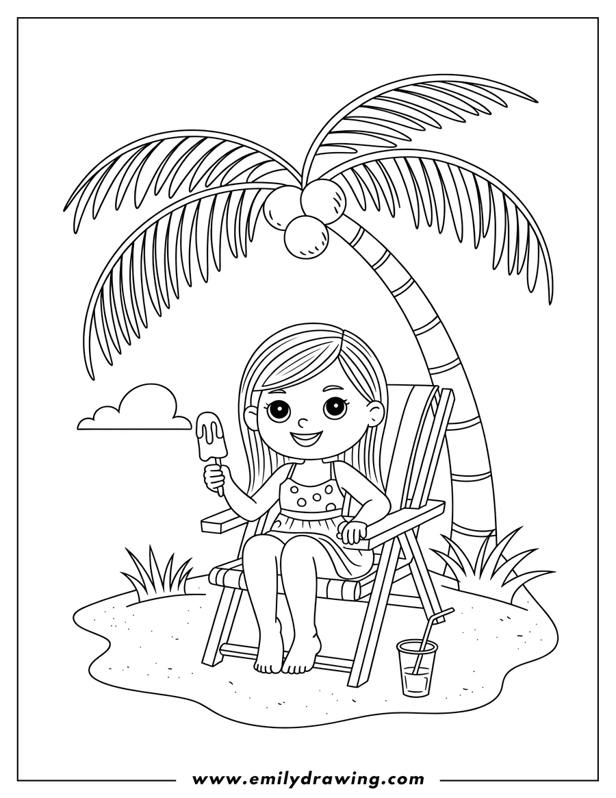 Line art of a smiling girl sitting in a beach chair, holding an ice cream, under a palm tree with coconuts. A drink with a straw is on the sand next to her.