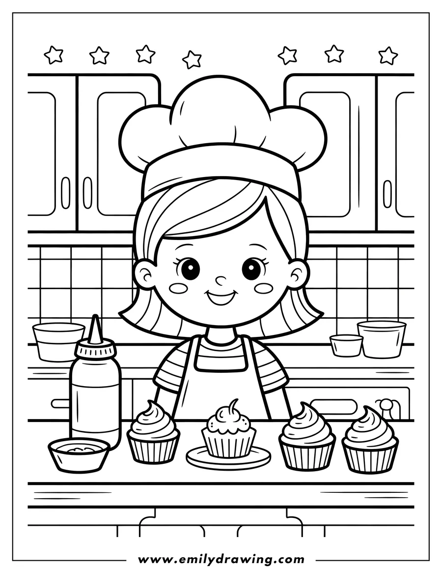 Outline of a smiling young girl dressed as a chef, wearing a toque and apron, in a kitchen setting. She stands behind a counter filled with several decorated cupcakes, small bowls, and a frosting piping bottle.