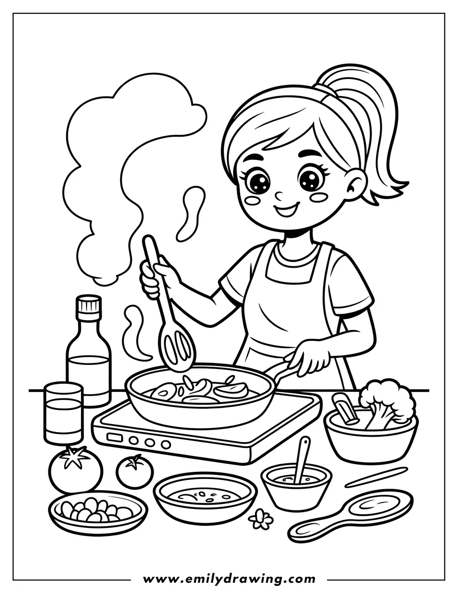 Outline of a smiling girl wearing an apron and cooking vegetables in a frying pan on a stovetop. She is surrounded by bowls of fresh ingredients and cooking utensils.
