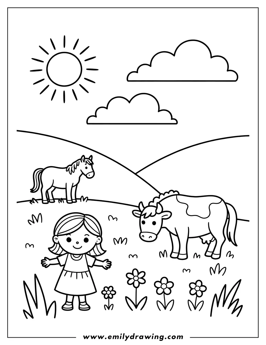 Outline of a smiling girl standing in a sunny pasture with a horse on a hill and a cow in the foreground, surrounded by flowers.