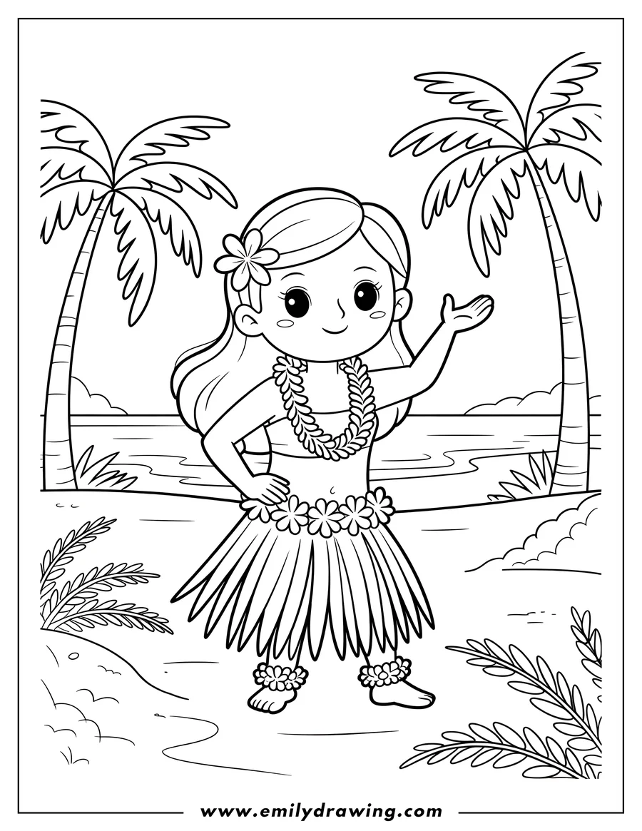 Line art of a young girl wearing a hula skirt and flower lei, dancing on a beach with two palm trees and the ocean in the background.