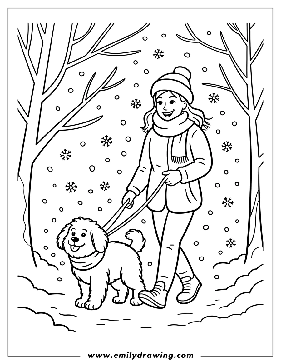 Line art of a smiling girl with a hat and scarf walking a fluffy dog on a leash through a snowy forest with bare trees and falling snowflakes.