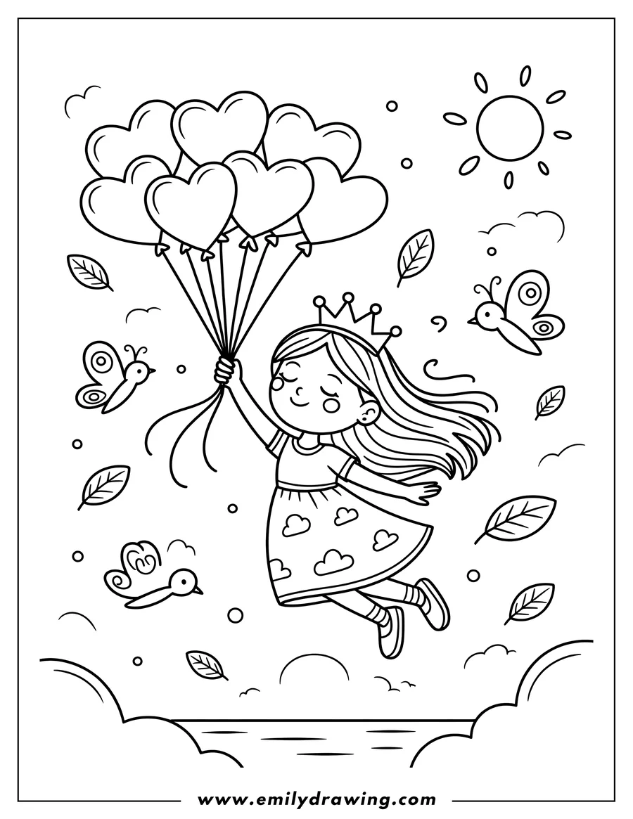 Line art of a smiling girl wearing a crown, floating through the sky while holding a large bunch of heart-shaped balloons. Butterflies and leaves are seen flying around her near the sun outline.
