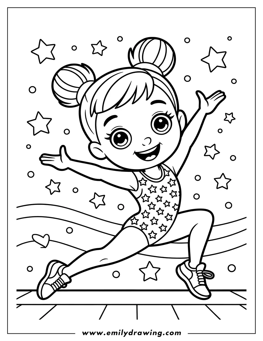 Line art of a gymnast girl performing a split leap. She has her arms outstretched and is wearing a leotard with stars on it. She has two buns in her hair. Stars and circles decorate the background.  She is performing on a mat.