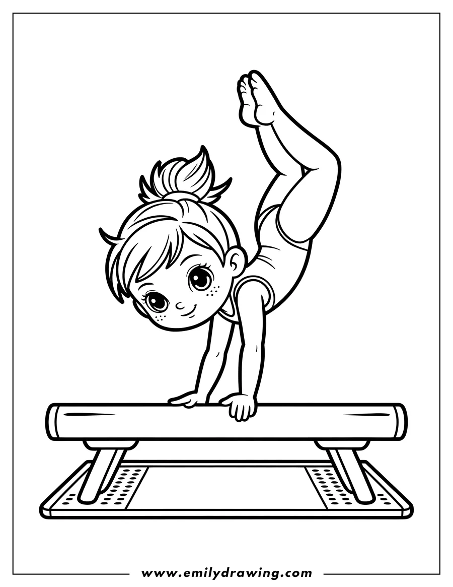 Outline of a girl doing gymnastics on a balance beam. She is upside down, balancing on her hands.