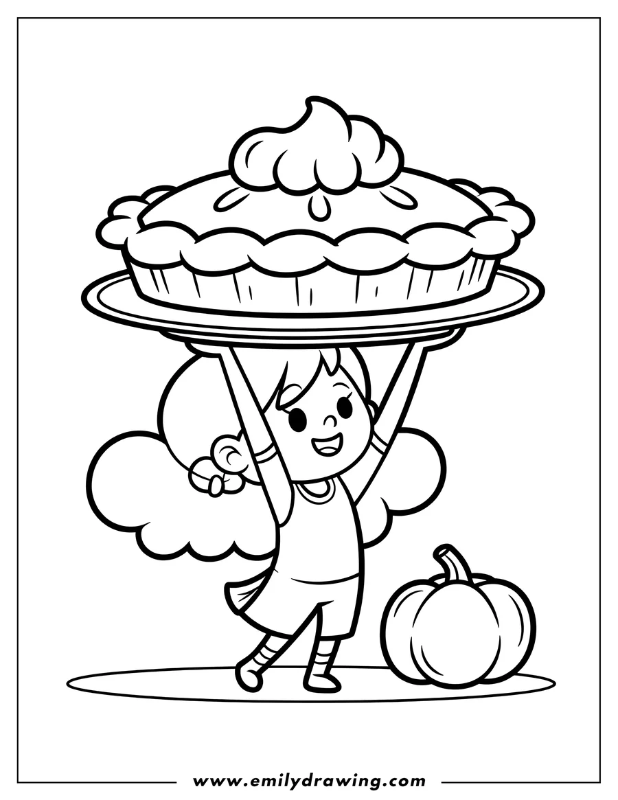 Line art of a young girl enthusiastically holding a large, freshly baked pie on a platter over her head, standing near a round pumpkin.