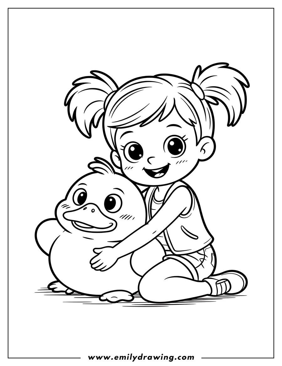 Outline of a smiling cartoon girl with pigtails, kneeling and hugging a small, round duck.