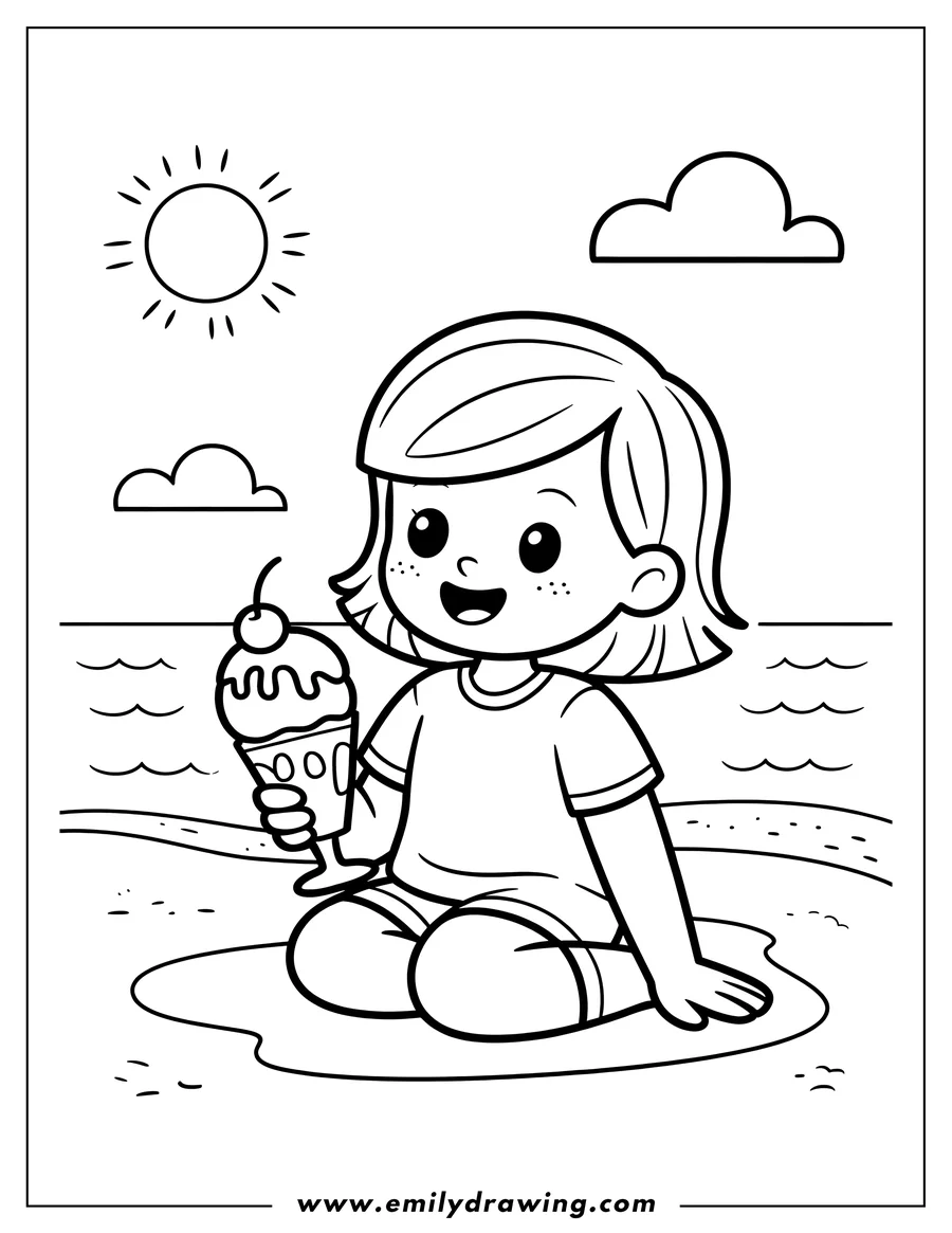 Line art of a young girl with short hair, smiling, and holding an ice cream sundae with a cherry on top, sitting on the sand at the beach with the ocean, sun, and clouds in the background.