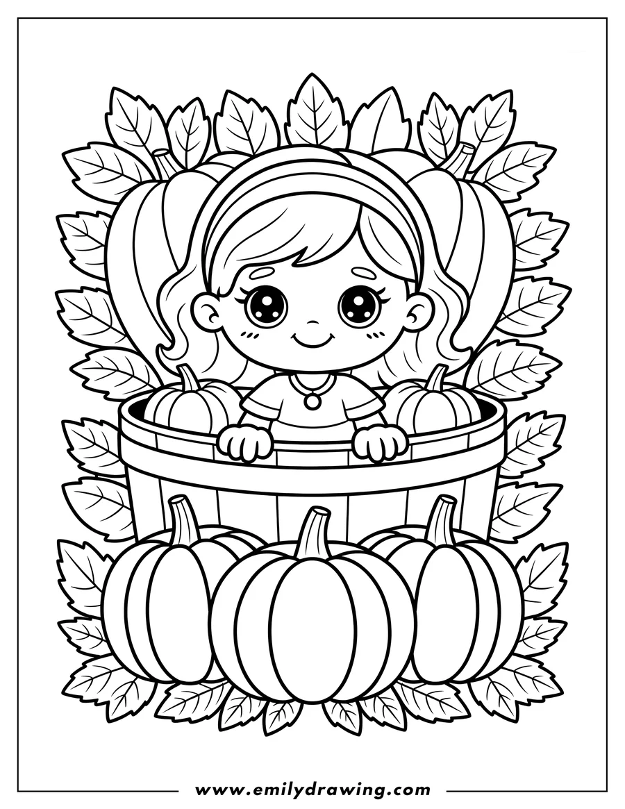 Outline of a girl sitting in a bushel basket surrounded by pumpkins and fall leaves.