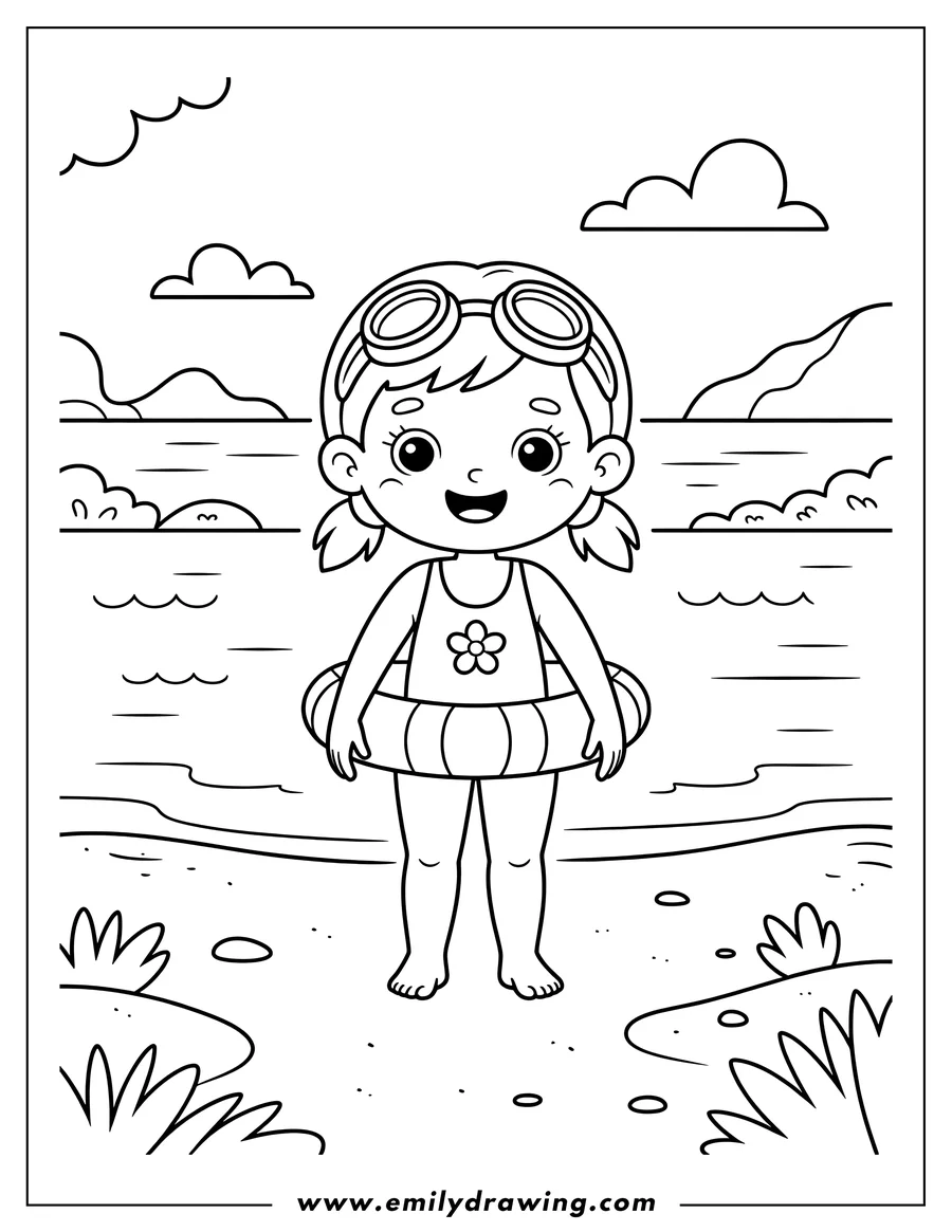 Line art of a young girl wearing a swimsuit and goggles, with an inner tube around her waist, standing on a sandy beach with the ocean and hills in the background.