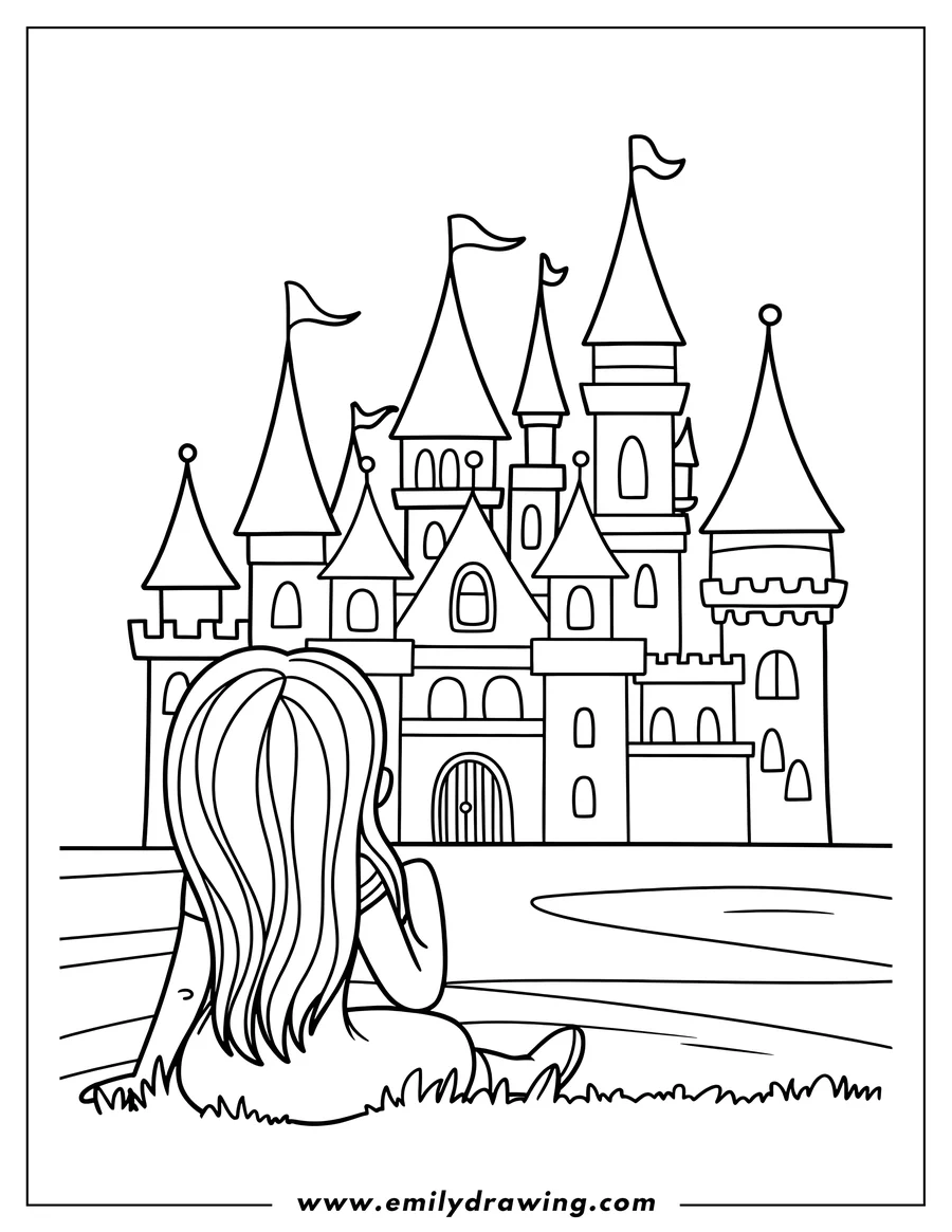 Line art of a girl with long hair sitting in the grass, looking at a large, multi-towered castle with flags