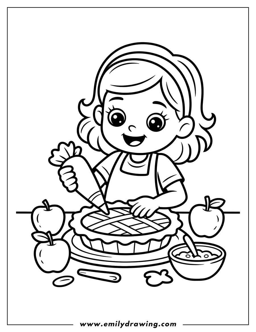 Outline of a smiling girl in an apron decorating a lattice-top apple pie using a piping bag, with fresh apples and a bowl of ingredients on the counter.