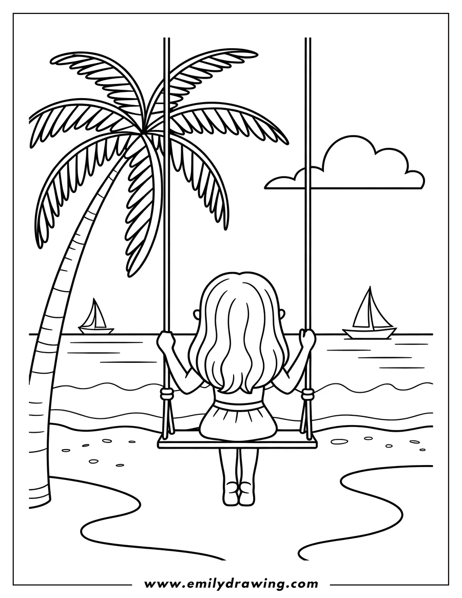Line art of a girl on a swing under a palm tree, looking out at the ocean with sailboats.