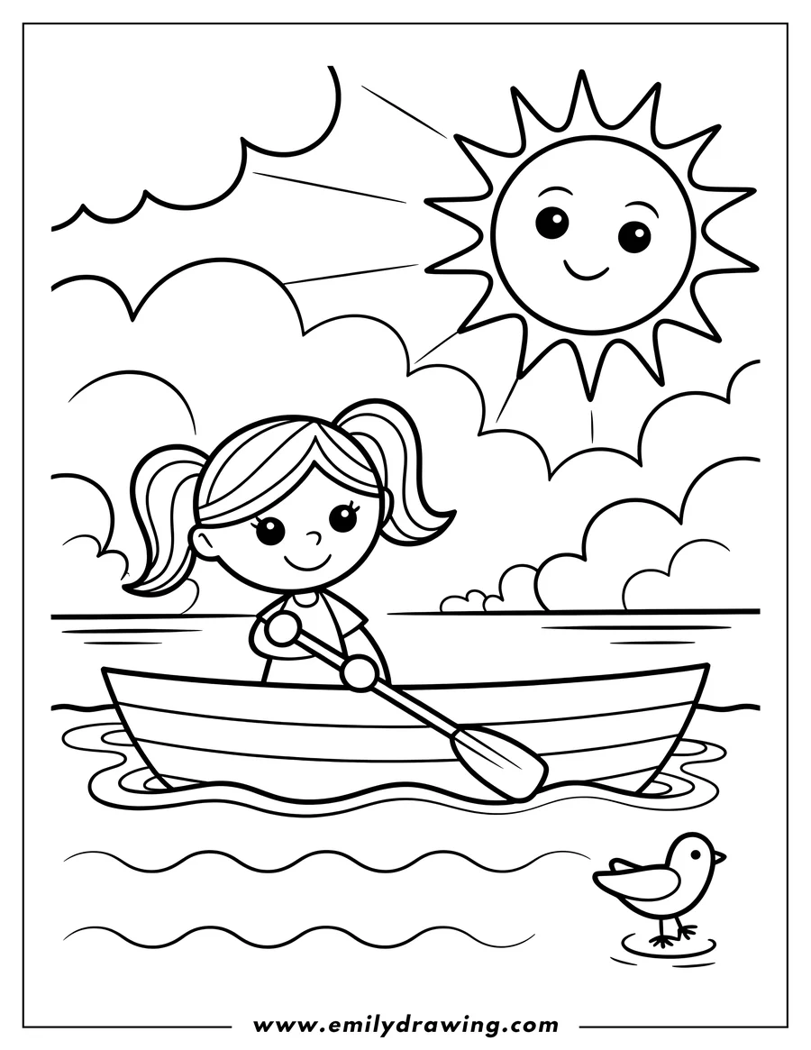 Outline of a cute girl with pigtails paddling a small rowboat on the water, beneath a bright, smiling cartoon sun and puffy clouds.