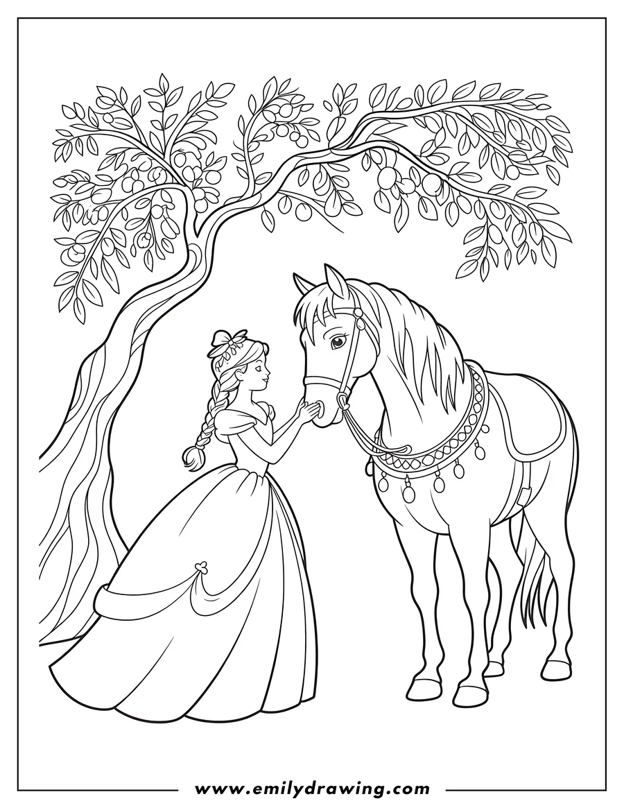 Outline of a girl in a long, flowing gown gently petting the nose of a majestic, saddled horse while standing beneath a fruit-bearing tree.