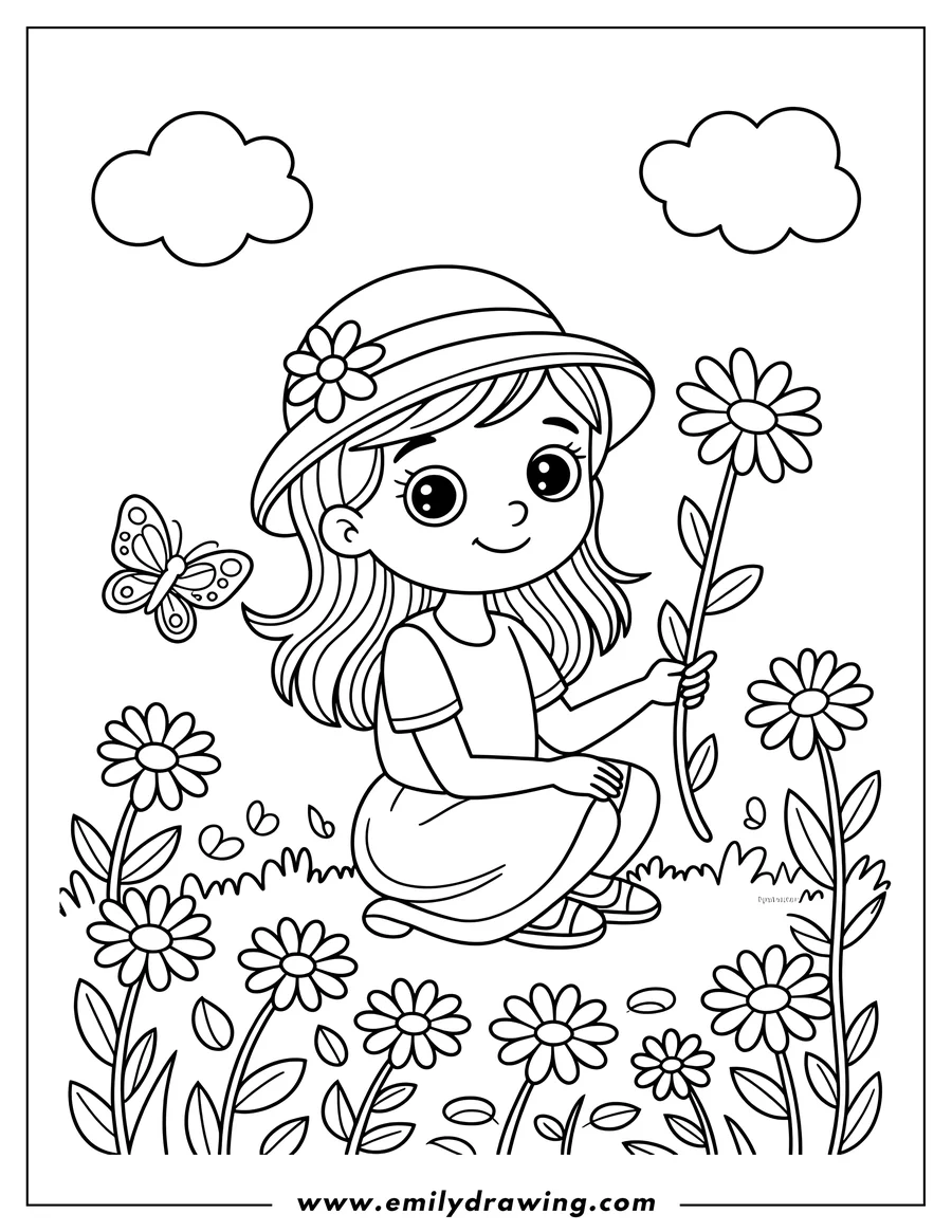 Outline of a girl in a hat, crouching and picking a daisy in a flower garden, with a butterfly nearby and clouds above.