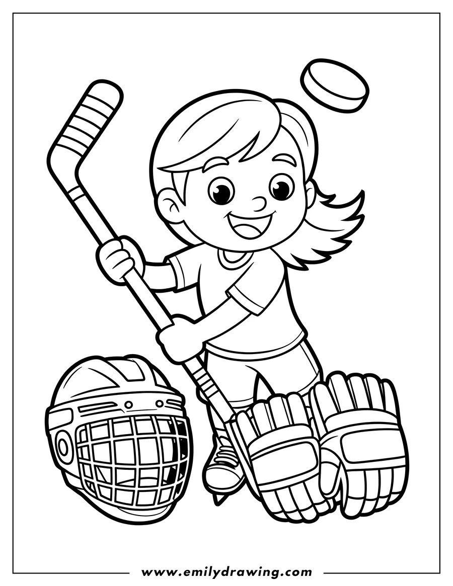Line art of a girl playing hockey with her stick, puck, gloves, and helmet.
