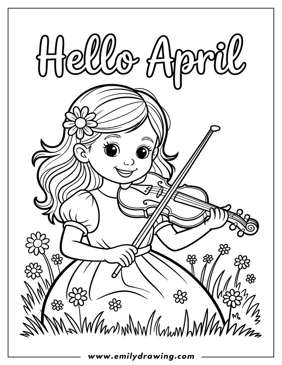 Outline of a girl playing the violin in a flower patch. She has a flower in her hair and is surrounded by daisies and grass.