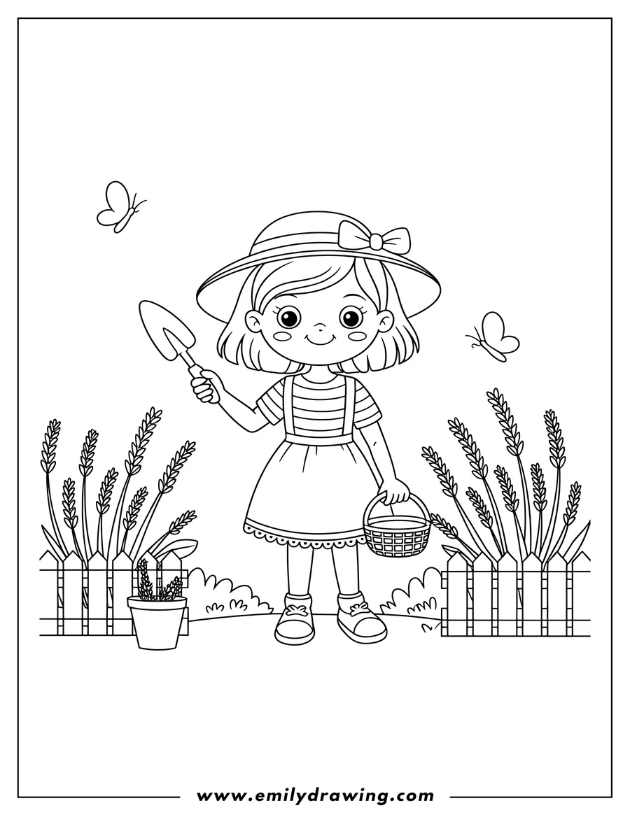 Outline of a smiling girl wearing a large hat and dress, holding a gardening shovel in one hand and a small basket in the other, standing in a garden with a fence, tall plants, and two butterflies.