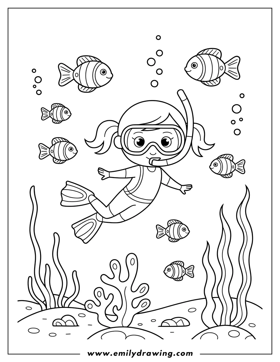 Line art of a cartoon girl wearing a snorkel and flippers, swimming underwater with many striped fish and coral, with bubbles floating around.