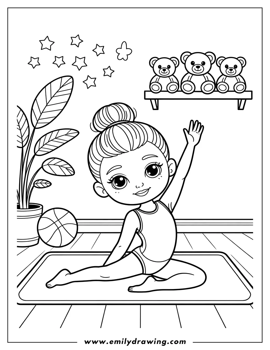 Outline of a girl doing a side split stretch on a mat. She has her hair in a bun and is wearing a leotard. There's a basketball, a potted plant, and three teddy bears on a shelf in the background.