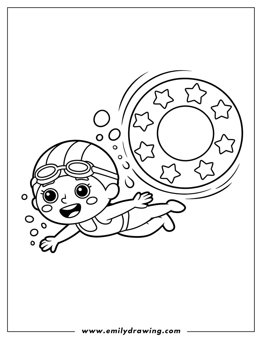 Line art of a happy girl swimming with a striped swim cap and goggles, with a star-decorated inner tube floating nearby, surrounded by bubbles.