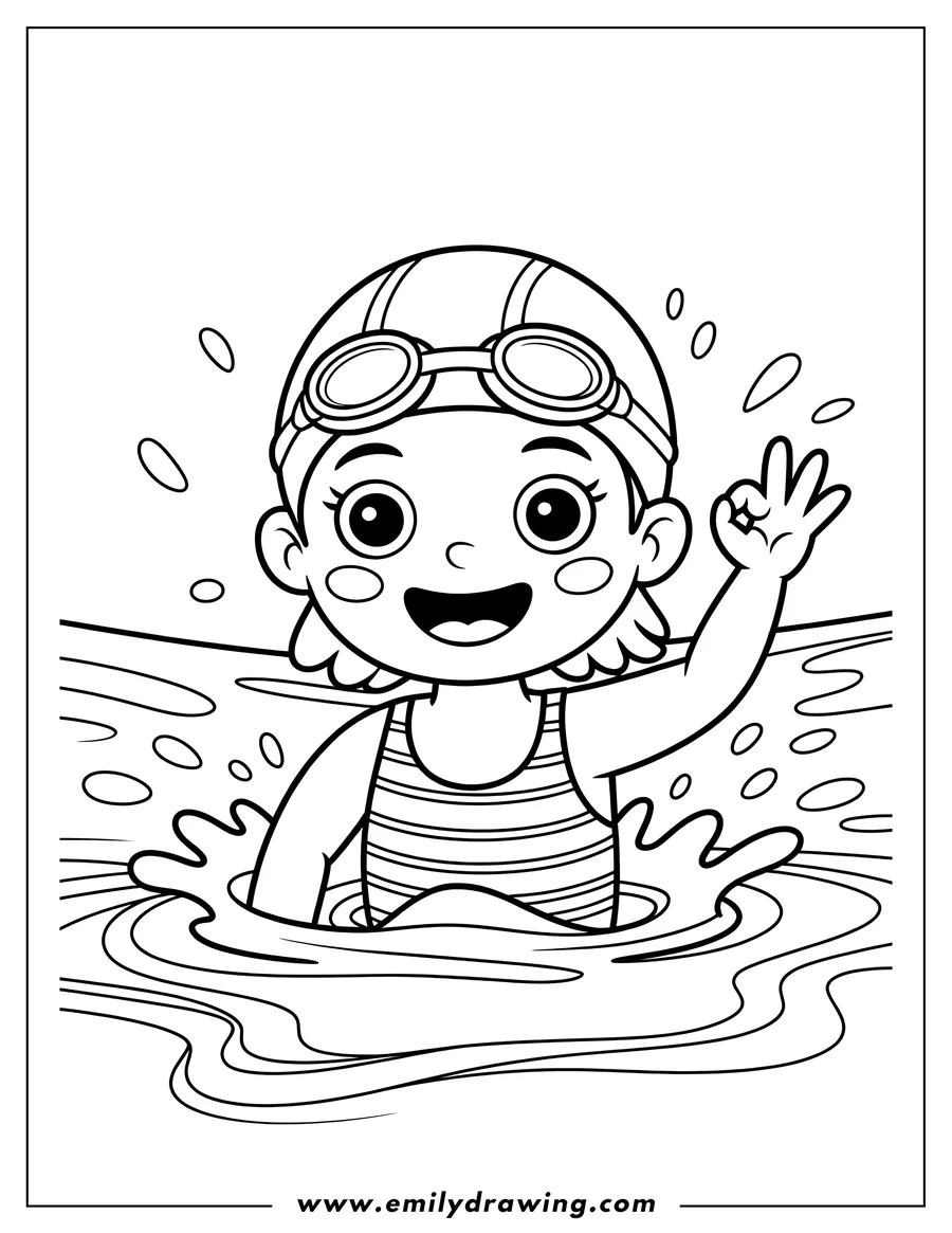 Line art of a cartoon girl swimming in a pool, wearing a swim cap and goggles, making an 'OK' hand gesture.