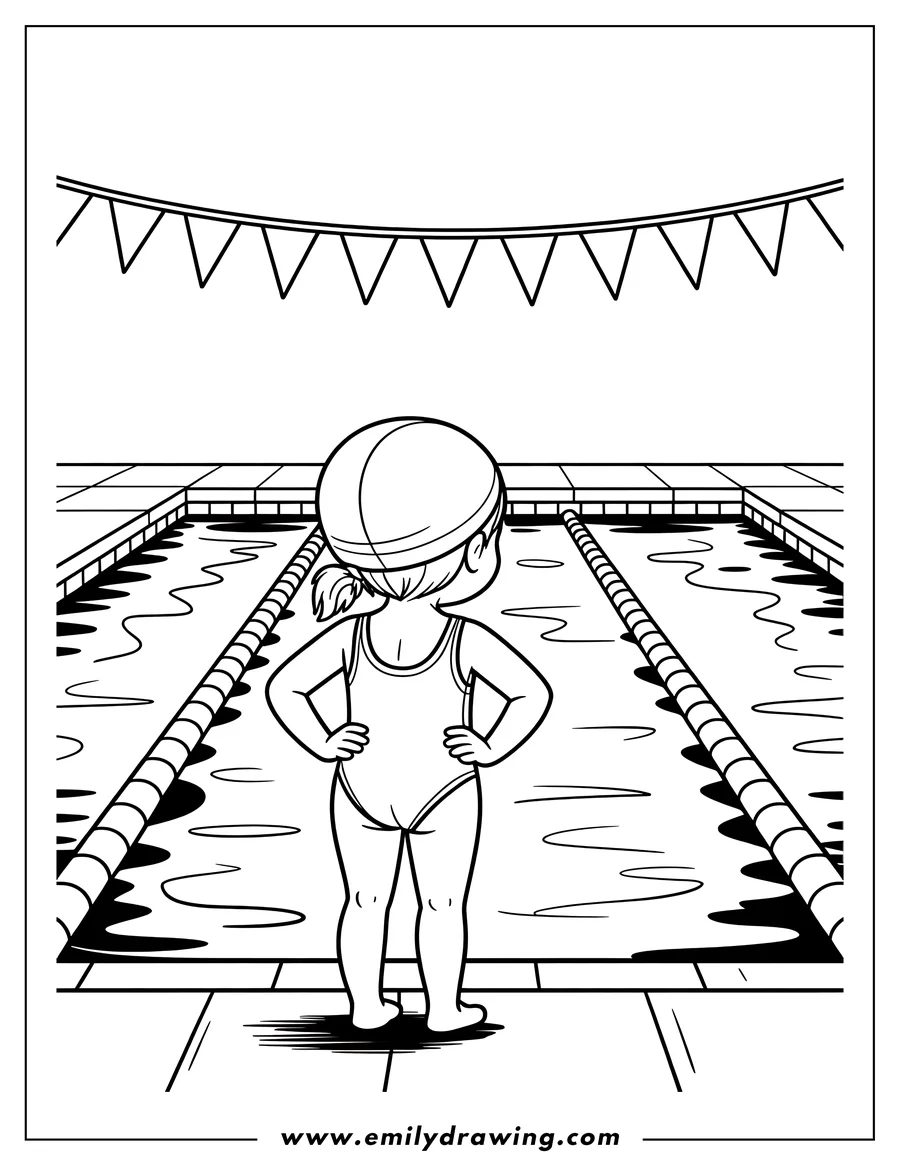 Outline of a girl in a swimsuit and swim cap, standing at the edge of a swimming pool with banners overhead.