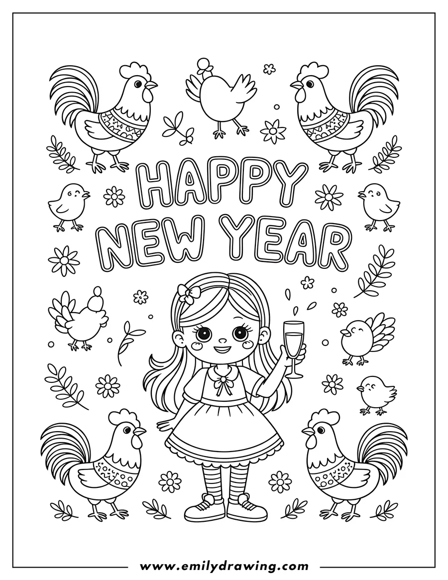Outline of a girl holding a champagne flute, surrounded by text 