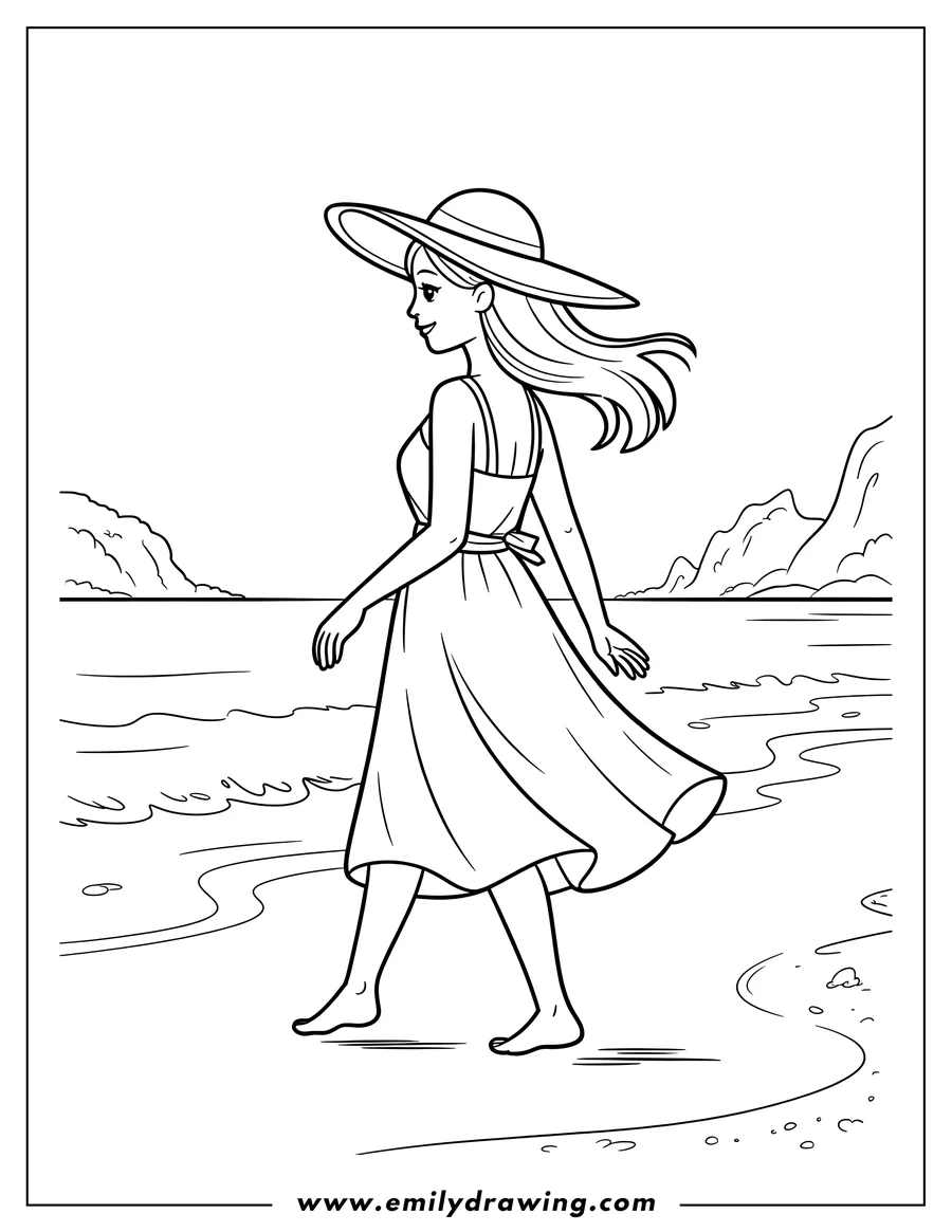 Line art of a young girl wearing a wide-brimmed hat and a flowing dress, walking barefoot along the edge of the ocean with mountains in the background.