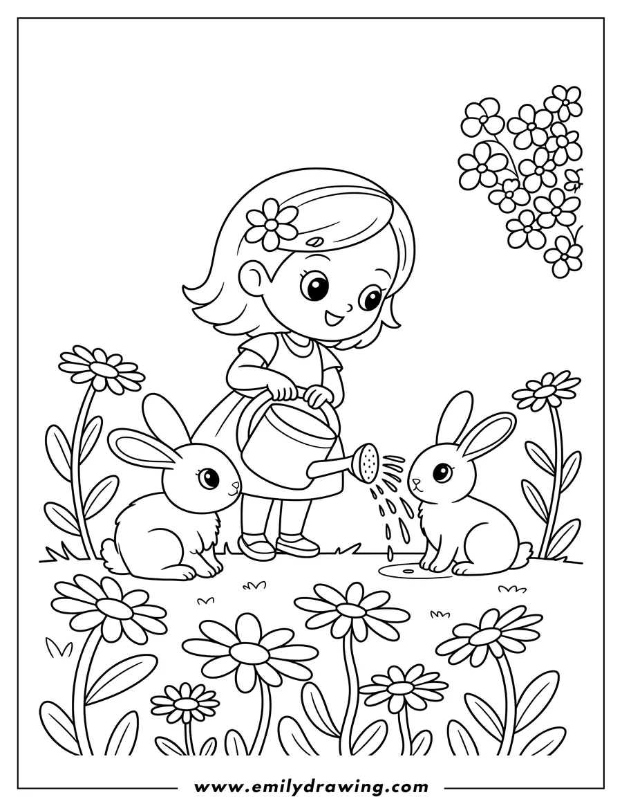 Line art of a cartoon girl watering two bunnies with a watering can in a field of flowers.