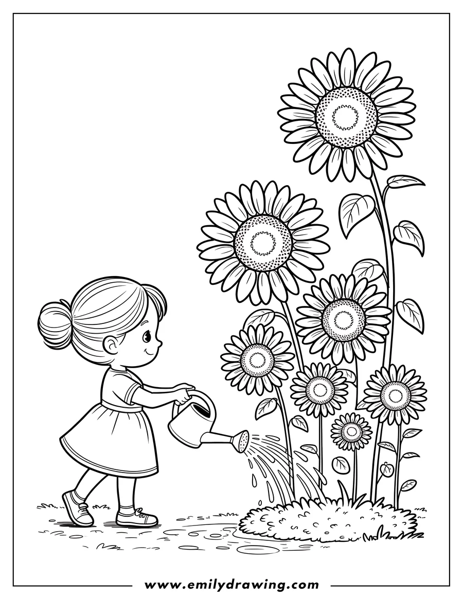 Outline of a girl with her hair in a bun, watering a patch of sunflowers with a watering can.