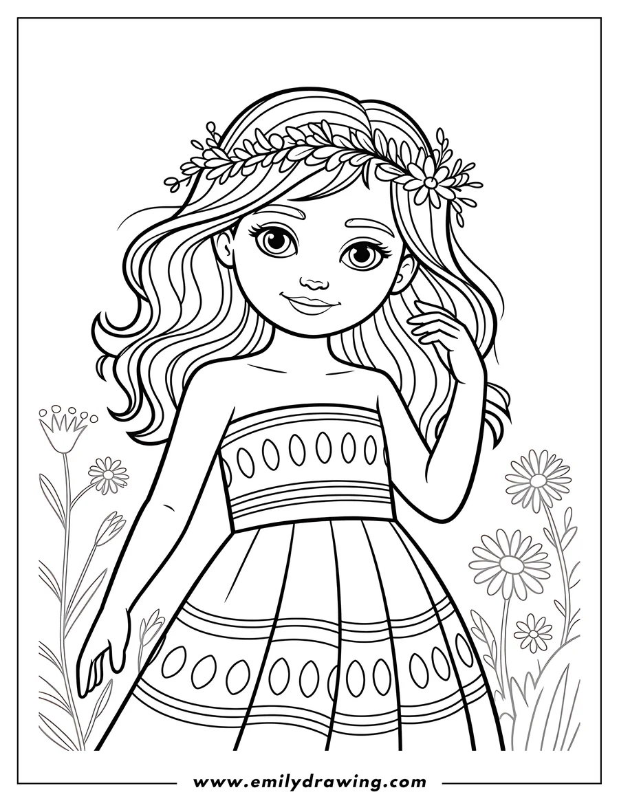 Line art outline of a young girl with long wavy hair, wearing a floral wreath crown and a traditional strapless dress with patterned trim, standing among wildflowers in a field.