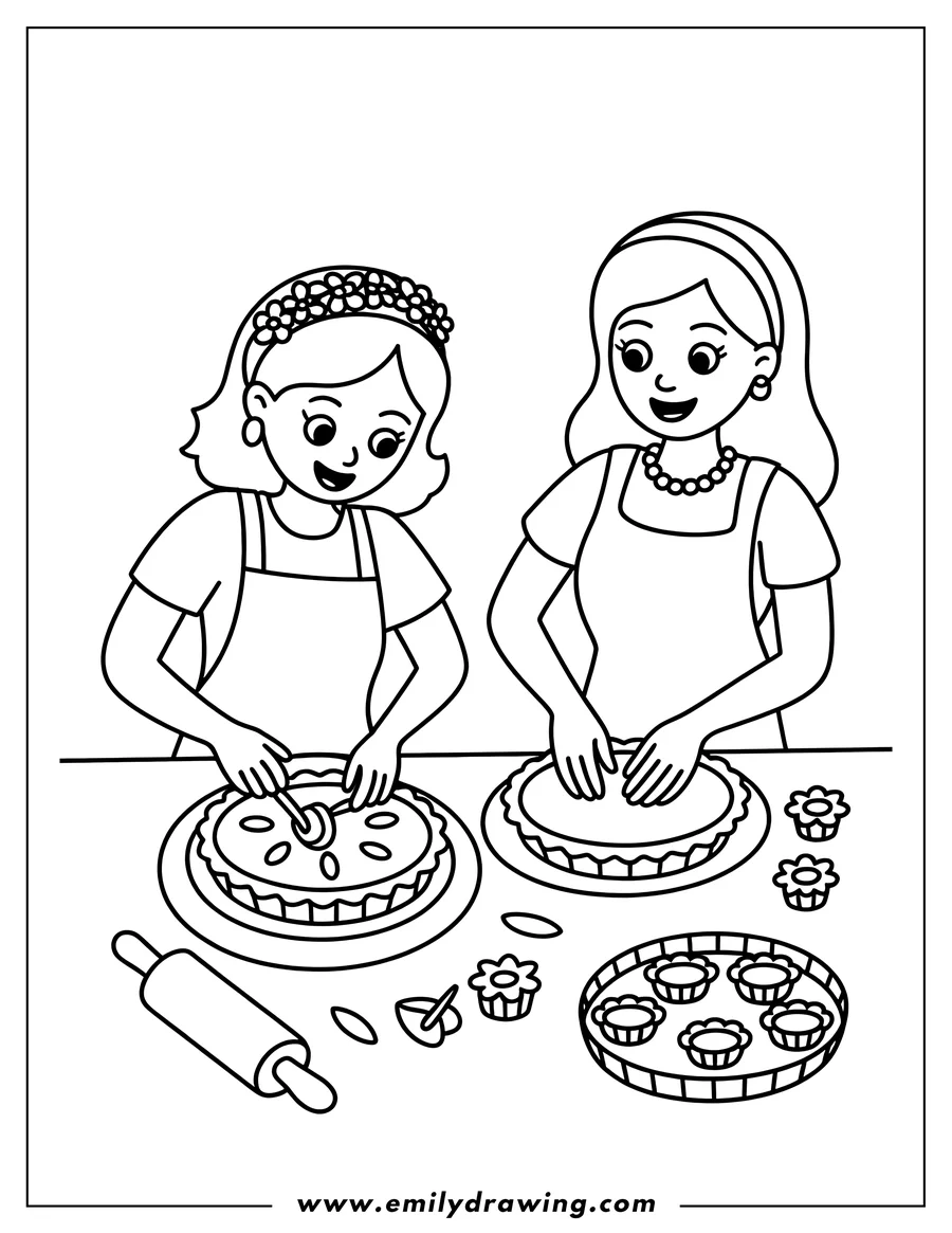 Outline of two girls in aprons baking pies and tarts at a kitchen counter. One girl is adding filling to a pie while the other smooths the crust dough.