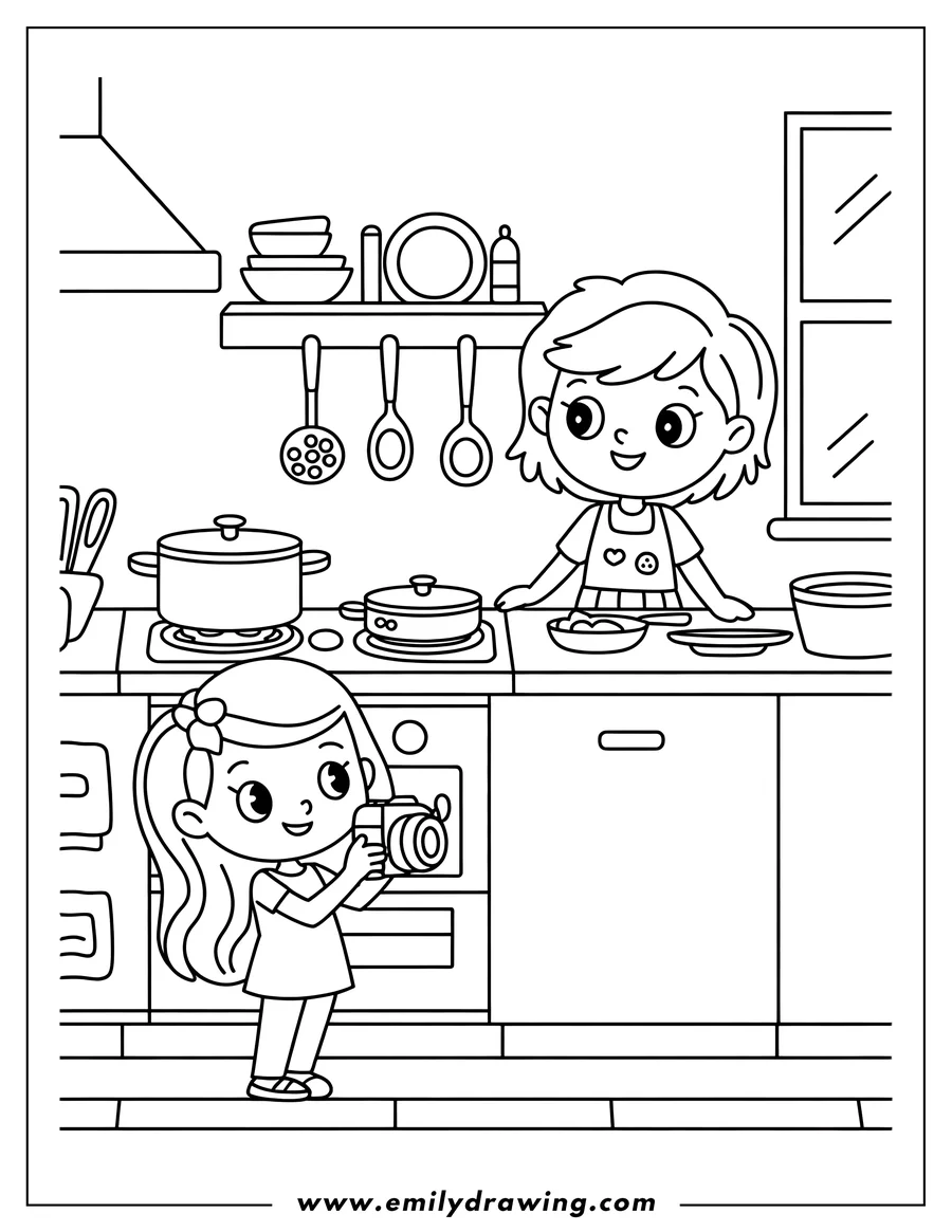 Outline of two girls making food in a modern kitchen, with pots on the stovetop, dishes on the shelf, and one girl holding a camera.