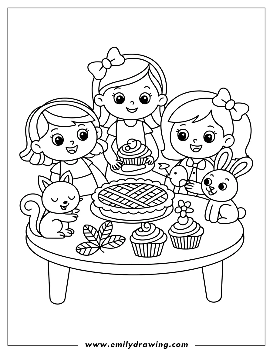 Line art showing three young girls and their animal friends (squirrel, bunny, bird) gathered around a table set with a large lattice pie, several cupcakes, and an autumn leaf design.