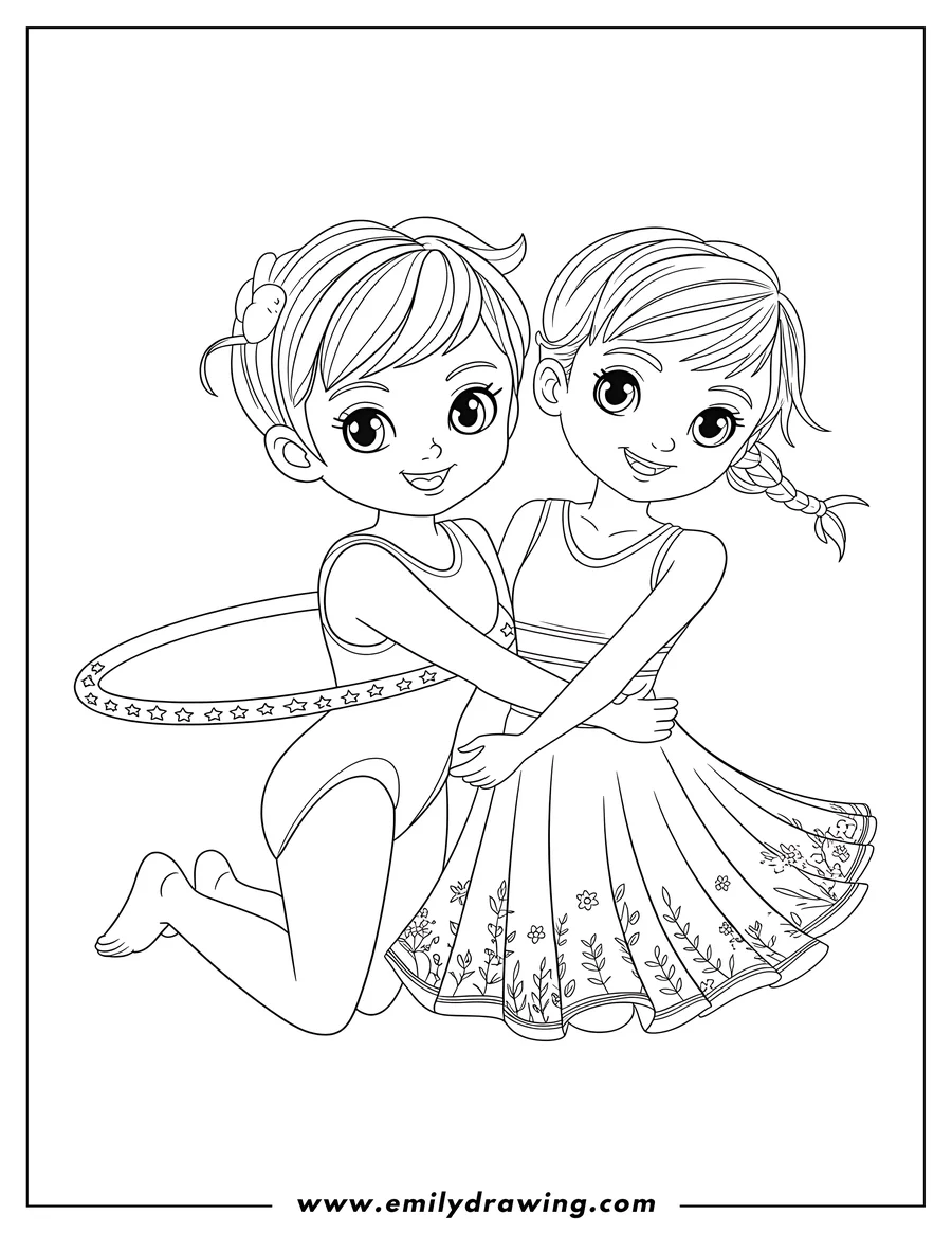 Line art of two girls, one holding a hula hoop and the other wearing a floral skirt.